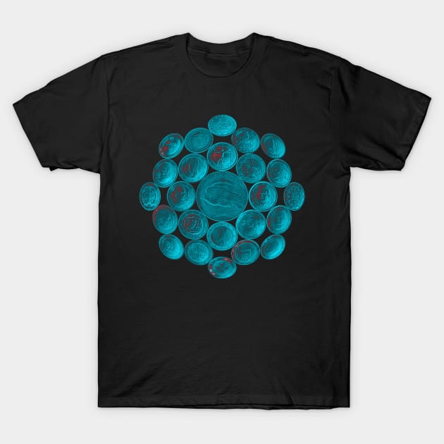Turquoise USA Twenty Dollars Coin - Surrounded by other Coins T-Shirt by The Black Panther